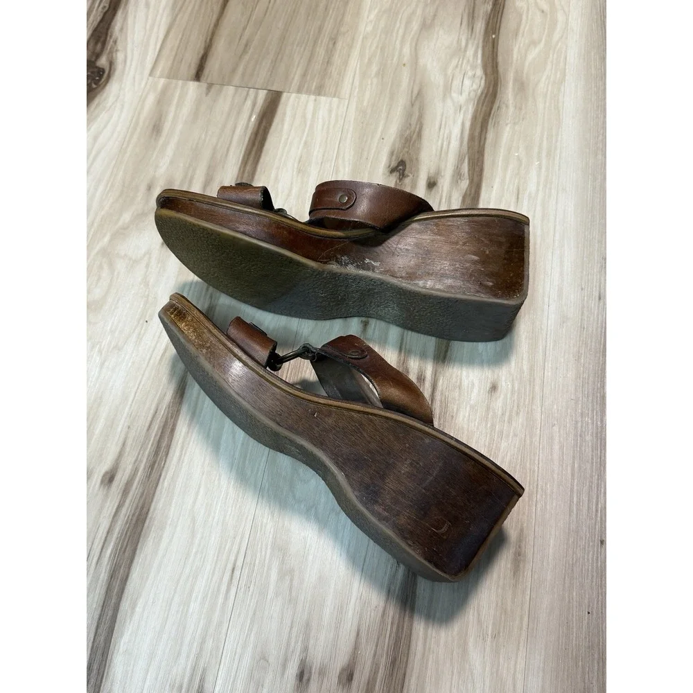 Vintage Y2K 90s SO GSJC Groovy Square Toe Brown Wooden Wedge Platform 8M
